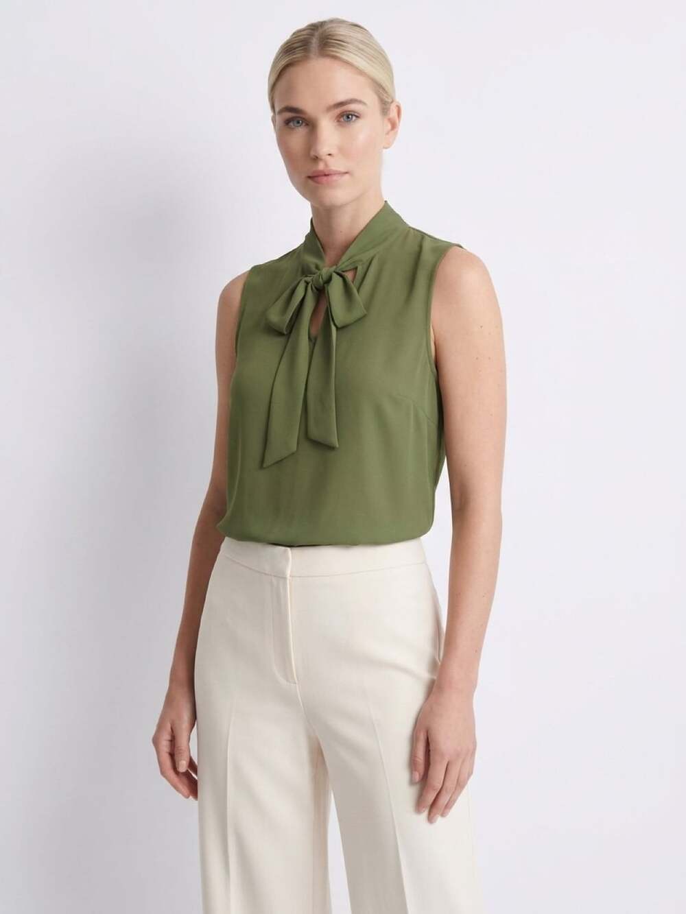 DKNY Sleeveless Tie Neck Blouse Size S Olive Green Top